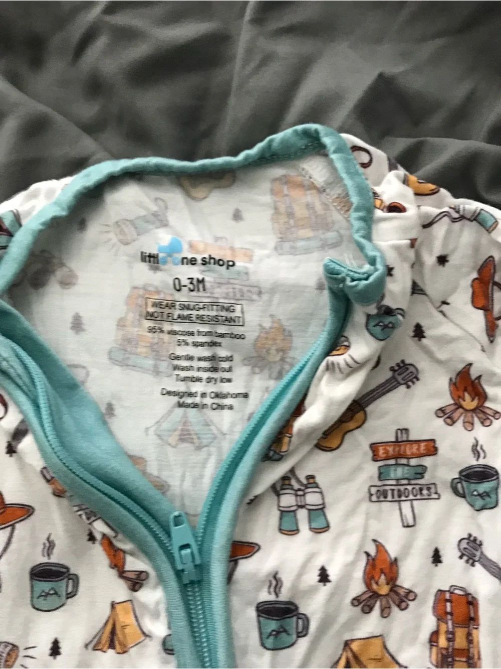 Camping-Print Footie Pajamas with Teal Trim BAMBOO PJS